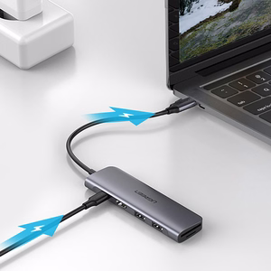 Ugreen CM195 6in1 adapteris USB-C - HDMI / 2x USB-A 3.0 / USB-C PD / SD / TF skaitytuvas - pilkas