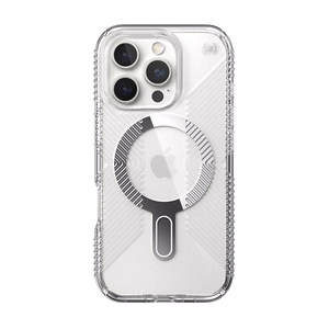 Speck Presidio Perfect-Clear Grip ClickLock & MagSafe dėklas, skirtas iPhone 16 Pro, skaidrus / chromo apdaila / „Serene Silver“
