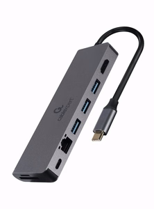 Gembird A-CM-COMBO5-05 USB Type-C 5-in-1 daugiafunkcinis šakotuvas (Hub + HDMI + PD + kortelių skaitytuvas + LAN)