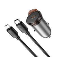 Automobilinis įkroviklis Hoco USB C QC PD 30W + kabelis USB C į Lightning NZ16 metalinis pilkas