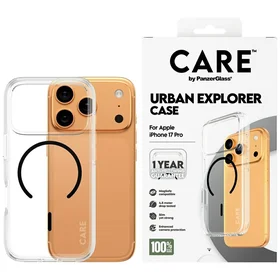 "CARE by PanzerGlass" pavyzdinis "Urban Explorer" dėklas su juodu "MagSafe", skirtas "iPhone 17 Pro" - skaidrus