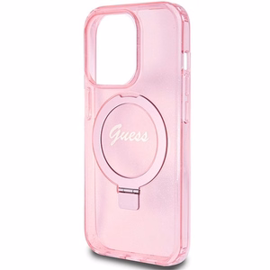 Guess dėklas telefonui su stovu Ring Stand Script Glitter magnetinis iPhone 15 Pro - rožinis