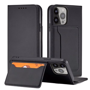 Magnet Card dėklas iPhone 14 atveriamas dangtelis piniginė su stovu juodas