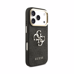 Dėklas Guess PU Leather 4G Metal Logo Gold Frame Apple iPhone 18 Pro juodas
