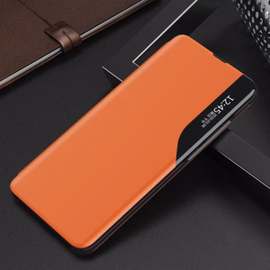 Eco Leather View Case elegantiškas knygos tipo dėklas su stovu Samsung Galaxy A22 4G oranžinis