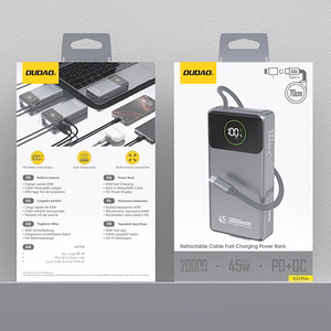 Dudao K31 Pro 45W 20000mAh išorinė baterija su įmontuotu ištraukiamu USB-C kabeliu - pilka
