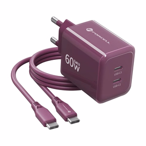 Bordo spalvos 60 W sieninis įkroviklis „Forcell F-Energy GaN III Crystal Color VT-60“, 2 × USB-C, AVS/PPS, su 1 m 60 W silikoniniu USB-C–USB-C kabeliu
