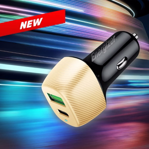 Energizer Ultimate D38BG car charger, USB-C + USB-A, 38 W PD + QC 3.0, gold and black