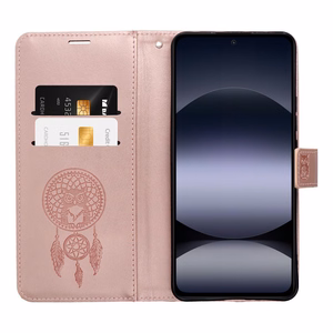 MEZZO knygos tipo dėklas telefonui XIAOMI Redmi Note 14 4G (GLOBAL - 164,84mm x 78,15mm x 8,16mm) su sapnų gaudykle, rožinio aukso spalvos