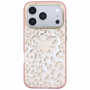 Guess IML Leopard Glitter Triangle Logo MagSafe dėklas, skirtas iPhone 17 Pro Max / 18 Pro Max – spalva: rožinė