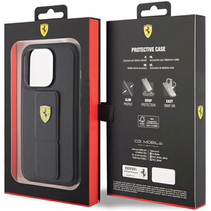 Ferrari Grip Stand Metal Logo dėklas iPhone 15 Pro – juodas