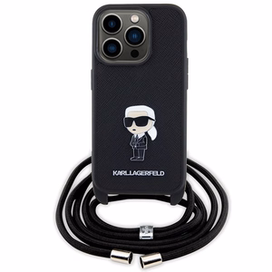 Karl Lagerfeld kryžminis Saffiano monograma metalinis ženkliukas Karl & Choupette dėklas telefonui iPhone 15 Pro - juodas