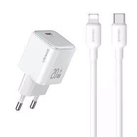 USAMS Tinklo įkroviklis 1xUSB-C PD20W PD3.0 Fast Charging US-CC183 + laidas USB-C/Lightning US-SJ610 baltas YX Series YXXLOGTC03