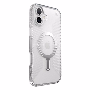 Speck Presidio Perfect-Clear Grip ClickLock & MagSafe dėklas, skirtas iPhone 16 Plus, skaidrus / chromo apdaila / „Serene Silver“