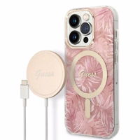 Rinkinys Guess GUBPP14LHJEACSP Dėklas+ Įkroviklis iPhone 14 Pro 6,1" rožinis hard dėklas Jungle MagSafe