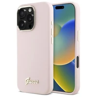 Guess Silikoninis Užrašas Metalinis Logotipas ir Rėmelis Dėklas telefonui iPhone 16 Pro Max - rožinis