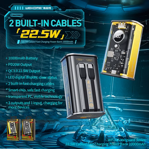 WEKOME WP-345 Vanguard Series išorinė baterija, 10000 mAh, PD 20 W + QC 22,5 W, su integruotais USB-C ir Lightning laidais, geltona