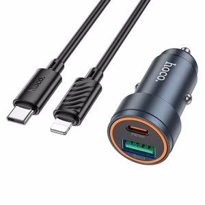 Automobilinis įkroviklis Hoco USB A + USB C QC3.0 PD 30W + kabelis USB C į Lightning Z57A juodas