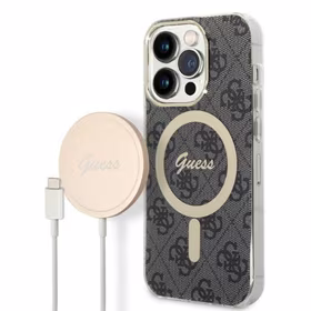 Rinkinys Guess GUBPP14LH4EACSK dėklas + įkroviklis iPhone 14 Pro 6.1" juodas kietas dėklas su 4G raštu Magnetinis