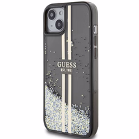 Guess Liquid Glitter Gold Stripes dėklas telefonui iPhone 15 Plus / 14 Plus - juodas