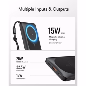 VEGER išorinė baterija 10000 mAh su belaidžiu įkrovimu suderinama su MagSafe PD QC3.0 2A 20W MagOn (VP1151 / W1151) juoda