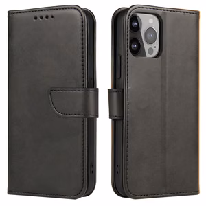 Piniginės tipo dėklas telefonui su stovu iPhone 15 Pro magnetinis dėklas - juodas