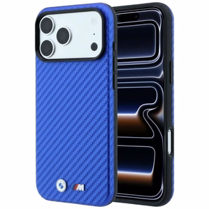BMW dėklas, skirtas iPhone 18 Pro / 17 Pro: (Carbon Metal Logo), suderinamas su MagSafe, spalva – mėlyna