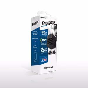 Energizer Ultimate A20MU GaN kelioninis tinklo įkroviklis su EU / UK / US kištukais, USB-C, 20 W PD, juodas