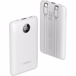 VEGER išorinė baterija 10000 mAh su įmontuotais kabeliais Type C / Lightning PD QC3.0 2A 22,5W C11C (W1170) balta