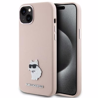 Karl Lagerfeld silikoninis Choupette Metal Pin dėklas telefonui iPhone 15 Plus / 14 Plus - rožinis