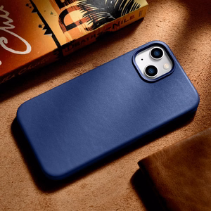 iCarer Dėklas Odinis viršelis iPhone 14 Plus natūralios odos dėklas mėlynas (suderinamas su MagSafe)