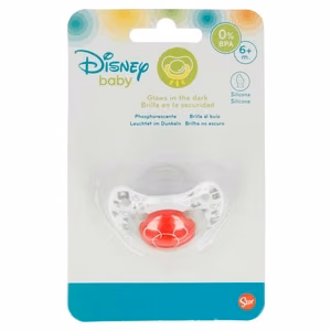 Mickey Mouse anatominės formos silikoninis čiulptukas, nuo 6 mėn., šviečia tamsoje, raudonas