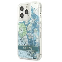 Guess GUHCP13LLFLSN iPhone 13 Pro / 13 6.1" žalias/žalias kietas dėklas gėlių skystas blizgučiai