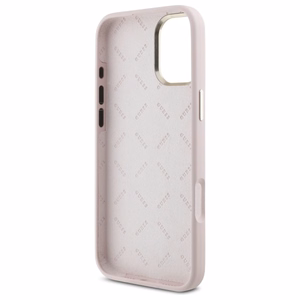 Guess Silikoninis Užrašas Metalinis Logo & Rėmelis iPhone 16 Plus Dėklas - rožinis