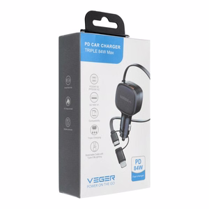 VEGER automobilinis įkroviklis su USB-C kabeliu (USB-C / Lightning) QC PD 84W CC89 juodas