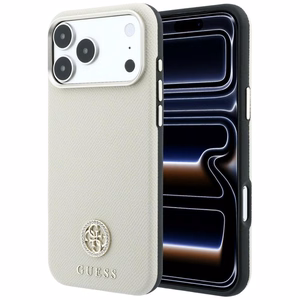 Guess Grained Round Strass Logo MagSafe dėklas iPhone 18 Pro Max / 17 Pro Max – smėlinis
