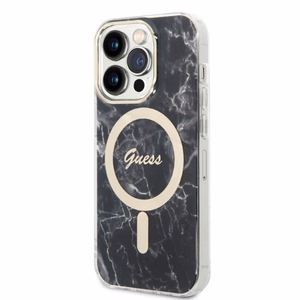 Rinkinys Guess GUBPP14LHMEACSK dėklas + įkroviklis iPhone 14 Pro 6.1" juodas/juodas kietas dėklas Marble Magnetinis