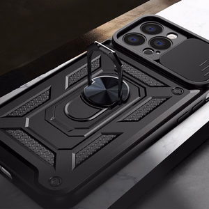 Hybrid Armor Camshield dėklas telefonui iPhone 13 Pro šarvuotas dėklas su kameros dangteliu juodas
