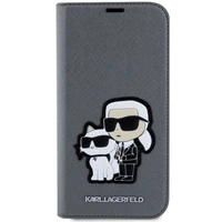 Karl Lagerfeld KLBKP14SSANKCPG iPhone 14 6.1" knygos tipo dėklas sidabrinis Saffiano Karl & Choupette