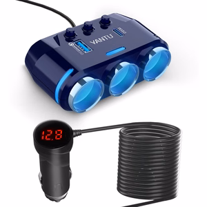 Automobilio cigarečių degiklio lizdo daliklis B39-C - 3 lizdai + USB + Type C - QC 3.0 PD 3A 120W su ekranu ir laidu