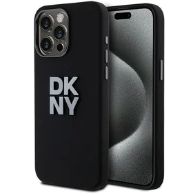 DKNY Skystas silikoninis metalinis logotipas dėklas telefonui iPhone 15 Pro Max - juodas