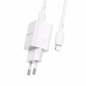 Borofone Sieninis įkroviklis BN14 Royal GaN - USB + Type C - QC 3.0 PD 30W su Type C į Lightning kabeliu baltas