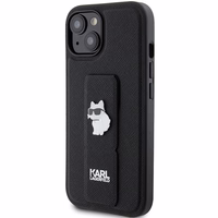 Karl Lagerfeld Gripstand Saffiano Choupette Pins dėklas telefonui iPhone 15 Plus / 14 Plus - juodas