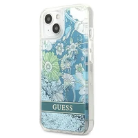 Guess GUHCP13MLFLSN iPhone 13 6.1" žalias/žalias kietasis dėklas su gėlių skysčio blizgučiais