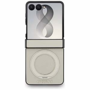 Smėlio spalvos dėklas „Guess Magnetic Ring Stand Grained Classic Logo MagSafe“, skirtas „Samsung Galaxy Z Flip8“