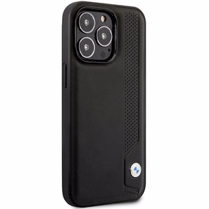 Dėklas telefonui BMW BMHCP14X22RBDK iPhone 14 Pro Max 6.7" juodas/juodas kietas dėklas odos mėlyni taškai