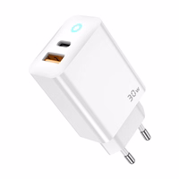 JELLICO tinklinis įkroviklis EU13 GaN PD 30W 1xUSB-C + 1xUSB QC3.0 + laidas USB-C - USB-C Baltas