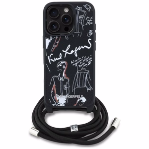 Karl Lagerfeld per petį nešiojamas grūdėto rašto ir logotipo dėklas telefonui iPhone 16 Pro Max - juodas