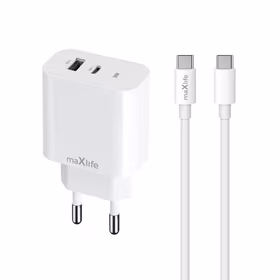 "Maxlife MXTC-06-30AC PD QC įkroviklis 1x USB-C 1x USB 30W baltas + USB-C - USB-C kabelis 60W