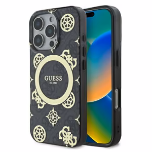 Guess IML Peony On 4G Background Magnetinis dėklas iPhone 16 Pro Max - juodas